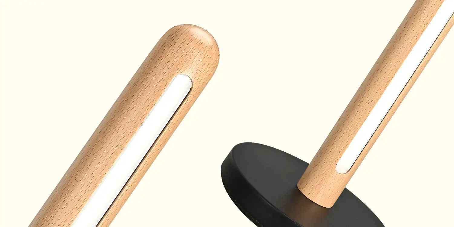 Natural solid walnut, ash, and oak wood LED desk lamp with modern minimalist design.