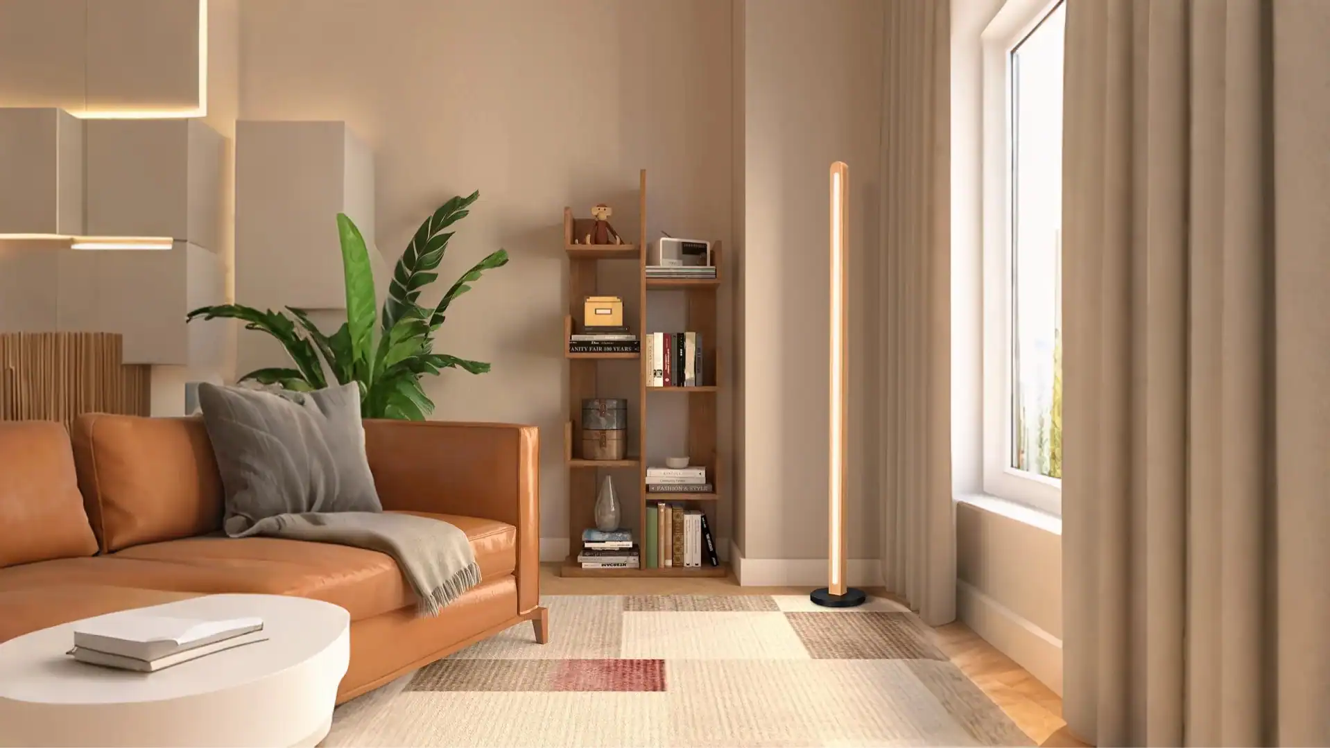 Natural solid walnut ash oak wooden light in modern living room with leather sofa and bookshelf.