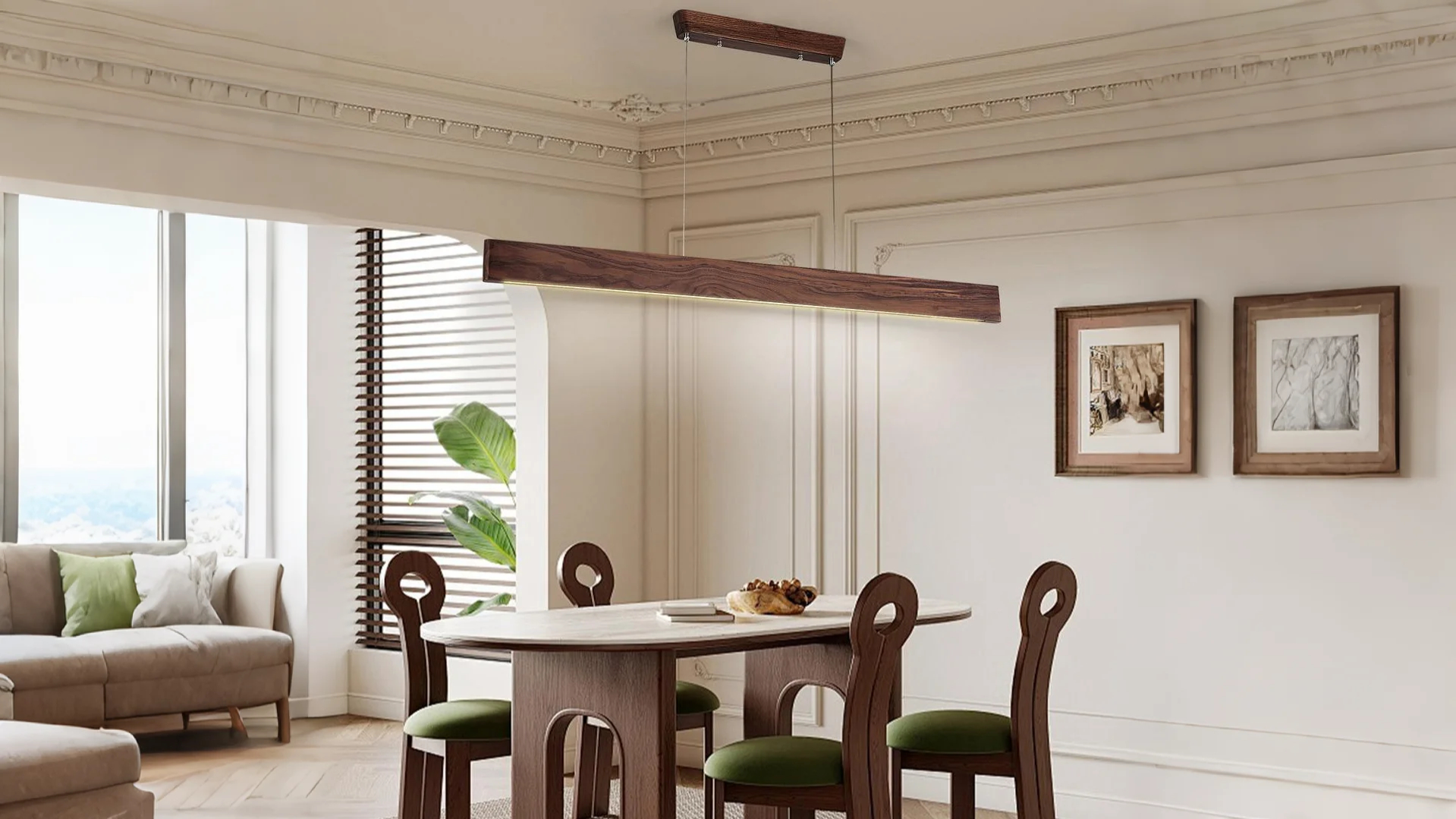 natural wood linear chandelier