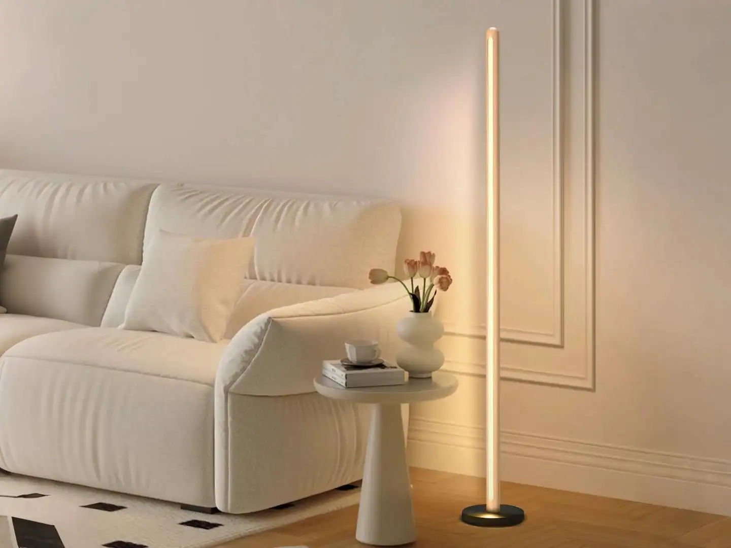 Natural solid walnut ash oak wooden floor lamp with modern minimalist design, warm ambient lighting, ideal for living rooms and interior decor.