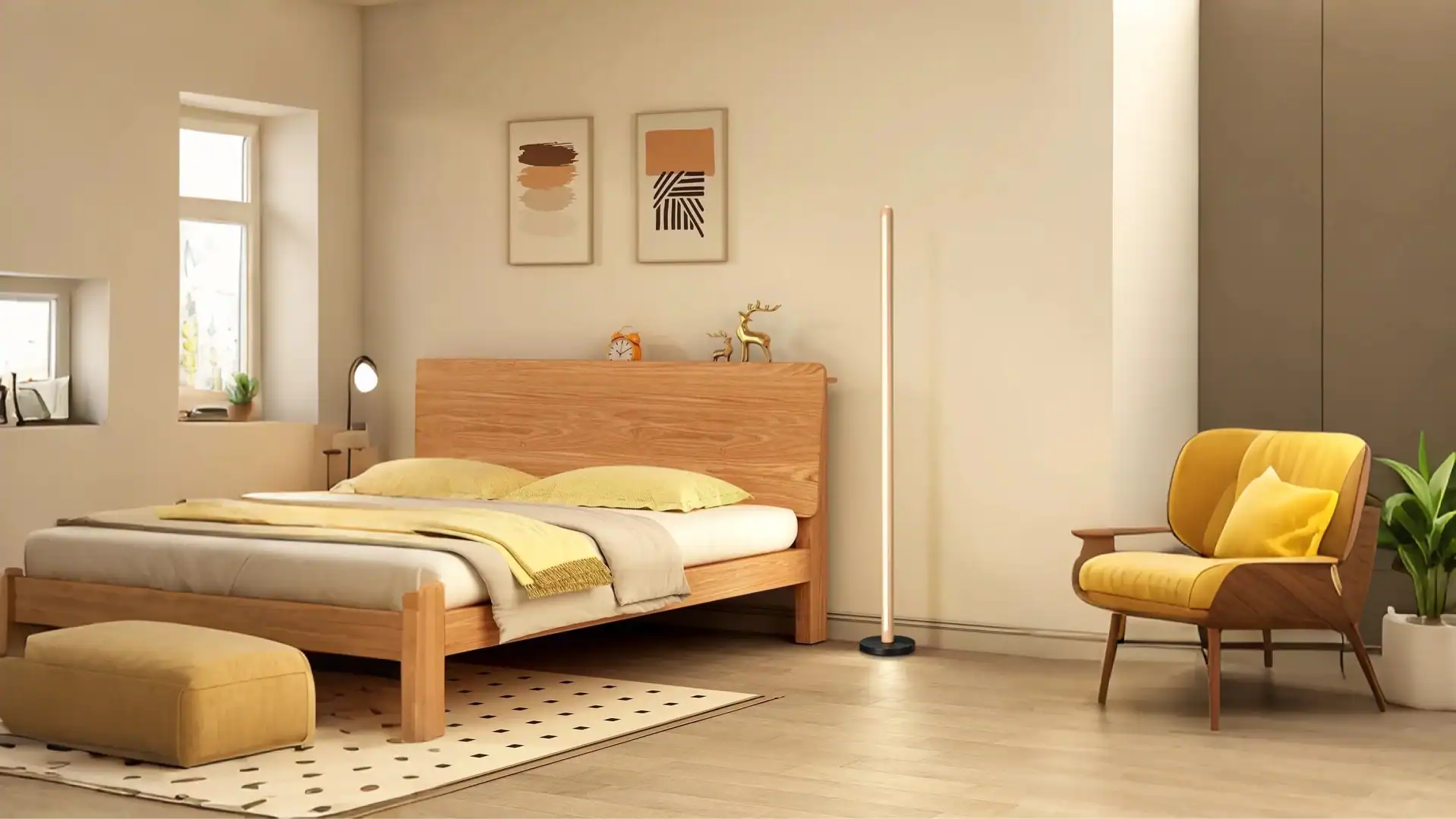 Natural solid walnut ash oak wooden bedroom light, minimalist interior design with natural wood furniture, cozy yellow accents, and modern decor.